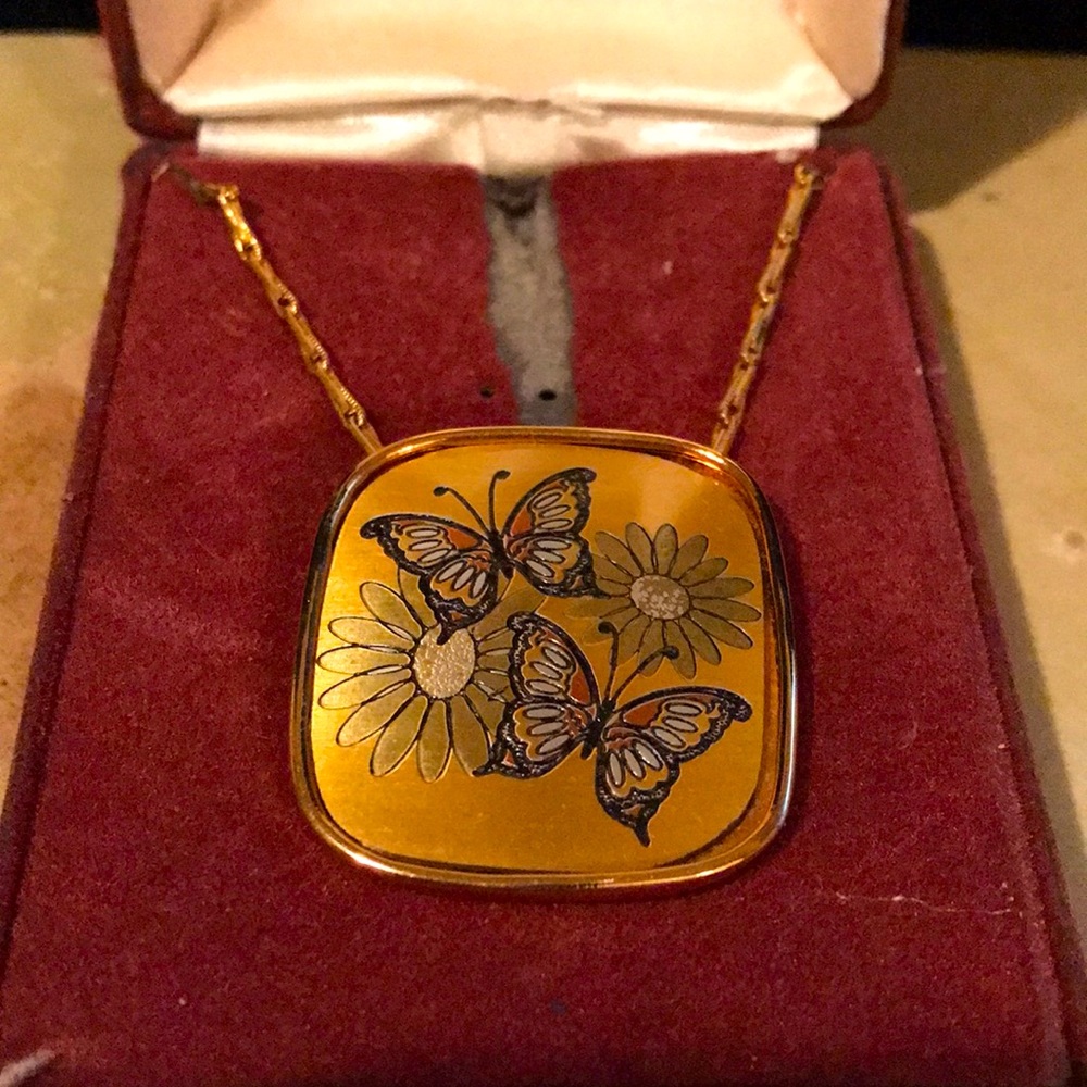 Vintage Redd & Barton Damascene butterfly pendant necklace